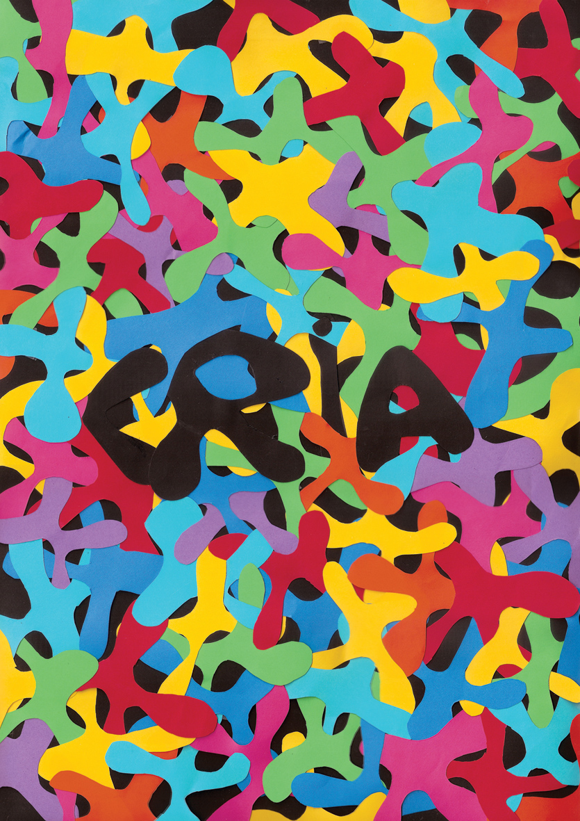 Colorful cut paper poster with the black word CRIA hidden inside a dense pattern of abstract splatter shapes